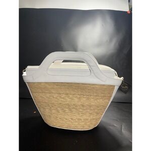 By Del Rio White Leather and Woven Straw Tote Handbag Zip Top Summer Bag NEW